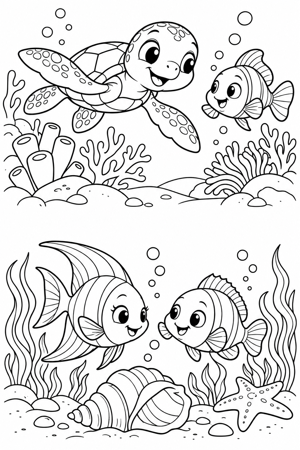 Tortue et poissons à colorier dans le lagon